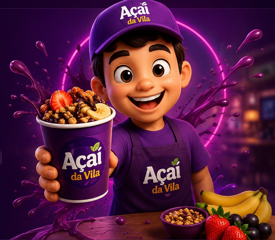 Atendente da loja segurando um copo de açaí